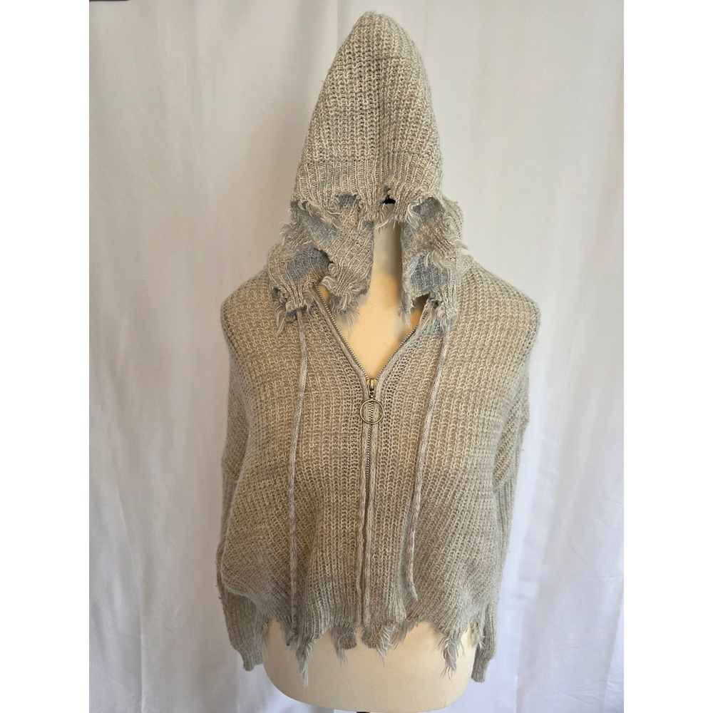 Full Circle Trends Distressed Knit Zip Up Hoodie Women's‎ Medium Grey Raw Hem